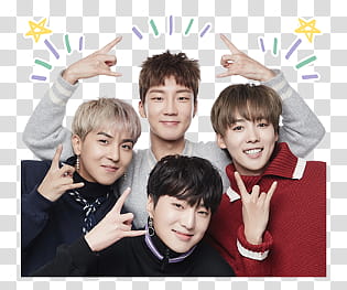 WINNER Line, four men smiling doing rock sign transparent background PNG clipart