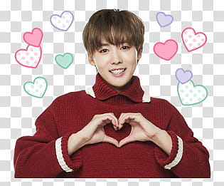 WINNER Line, smiling man in red sweater doing heart hand sign transparent background PNG clipart