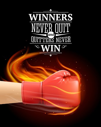 Winners and quitters quotes with sports symbols and boxing realistic illustration Free Vector