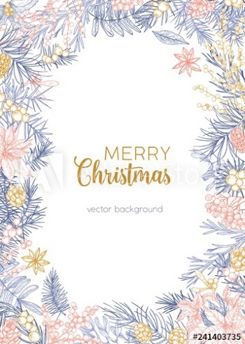 Winter backdrop decorated by Merry Christmas wish and frame made of conifer branches, holly and juniper berries, star anise hand drawn with contour lines on white background