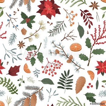 Winter botanical color vector seamless pattern