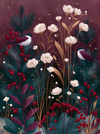 Winter Foliage Illustration with Birds