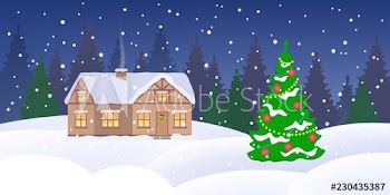 Winter forest with decorated green christmas tree