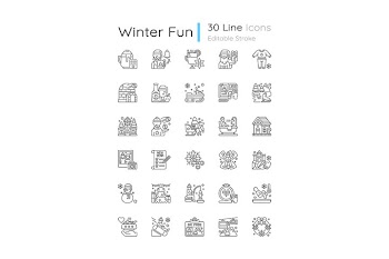 Winter fun linear icons set