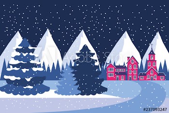 winter landscape village mountains and pine trees