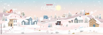Winter landscape with happy people,polar bear and rabbit playing ice skate in the park,Vector banner Winter wonderland bunny and bear celebrating in forest,Merry Christmas and New year 2023 background