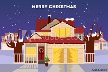 Winter landscape with house decorated for christmas