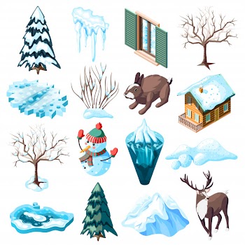 Winter landscaping set of isometric icons with animals bare trees and bushes frozen lake isolated Free Vector