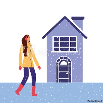 winter snow house woman with headphones