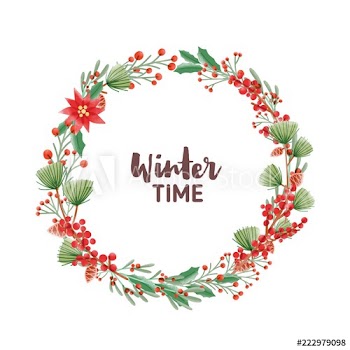 Winter Time handwritten lettering inside round frame or holiday wreath made of pine branches with cones, poinsettia and ilex or holly leaves