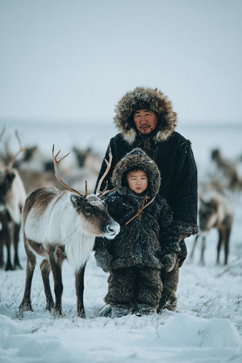 Winter Traditions: Adults and Children with Reindeer in Snowy Landscape