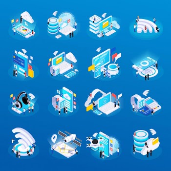 Wireless technology isometric glow icons set with cloud safe data storage access remote health monitoring Free Vector