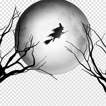 Witch and trees illustration, Halloween Witchcraft Party, witch flying in the night sky transparent background PNG clipart