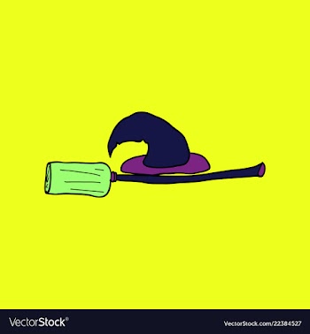 Witch hat and broom colorful scary halloween vector image