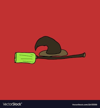 Witch hat and broom colorful scary halloween vector image