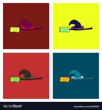 Witch hat and broom colorful scary halloween vector image
