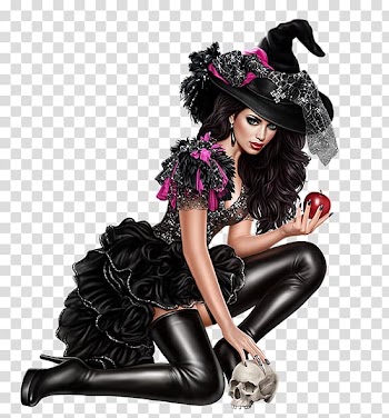 Witch holding red apple illustration, Halloween witch in black material transparent background PNG clipart