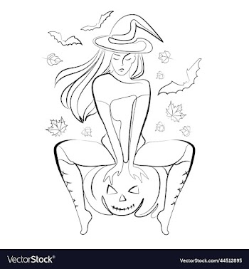 witch in witch hat sitting on halloween pumpkin