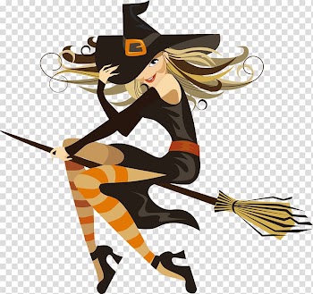 Witch riding magic broom illustration, Halloween Witchcraft Illustration, witch transparent background PNG clipart