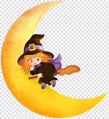 Witch riding on broomstick near yellow crescent moon illustration, Halloween Witch Moon , Halloween Witch on the Moon transparent background PNG clipart