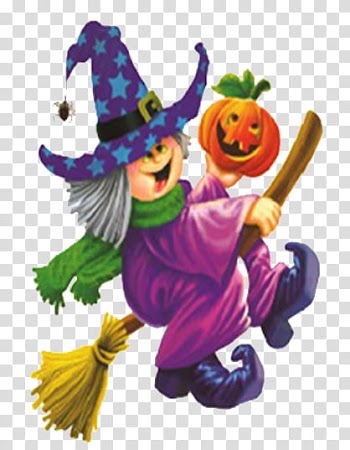 Witch riding on stick broom holding pumpkin illustration transparent background PNG clipart
