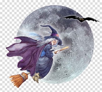 Witch riding stick broom beside bat illustration, Hag Witchcraft Magic, Witch transparent background PNG clipart