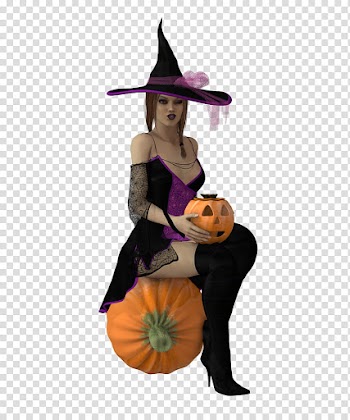 Witch , witch holding Jack-O'-lantern sitting on pumpkin transparent background PNG clipart