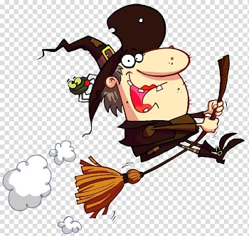 With riding broom illustration, Witchcraft Humour Cartoon , Halloween Funny Witch transparent background PNG clipart