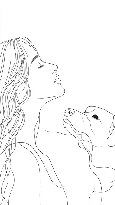Woman and Dog in Minimalist Black-and-White 2D Illustration Woman and Dog in Minimalist Black-and-White 2D Illustration