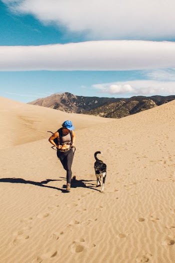 woman and dog walking on desert