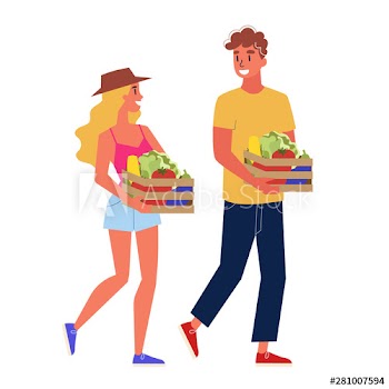 Woman and man couple walking with box full of harvest
