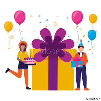 woman and man gift cake balloons birthday celebration