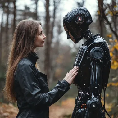 Woman and Robot Holding Hands in a Lush Forest Setting Woman and Robot Holding Hands in a Lush Forest Setting