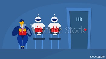 Woman and robot waiting in queue on interview
