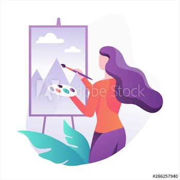 Woman artist standing at the easel and painting