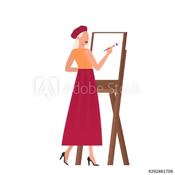 Woman artist standing at the easel and painting