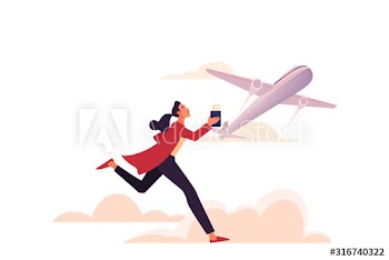 Woman at the airport running with luggage