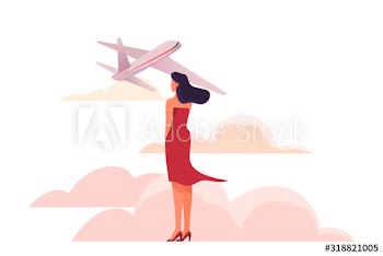 Woman at the airport standing and looking at an airplane