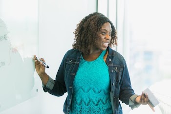 Woman At Whiteboard Happy