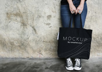 Woman Carrying Black Mockup Tote Bag