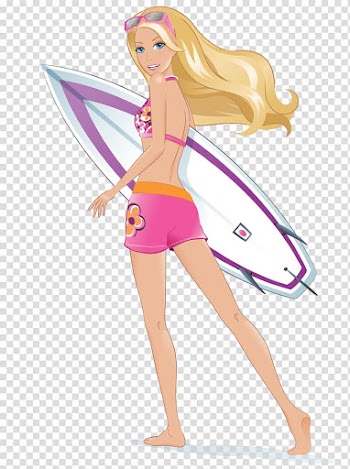 Woman carrying white and purple surf board animation, Merliah Summers Barbie Doll Surfing , barbie transparent background PNG clipart