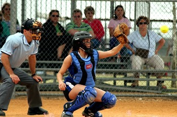 Woman Catching Ball Wearing Catchers Gear
