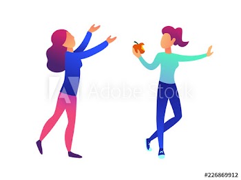 Woman eating an apple and another woman with hands up vector illustration