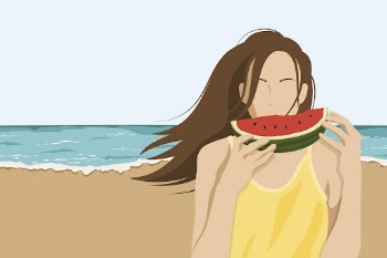 Woman eating watermelon, aesthetic illustration | Free Photo Illustration - rawpixel