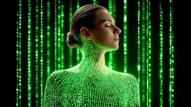 Woman Enveloped in Lime Green Binary Code Woman Enveloped in Lime Green Binary Code