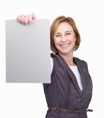 Woman holding a blank paper and put it forward