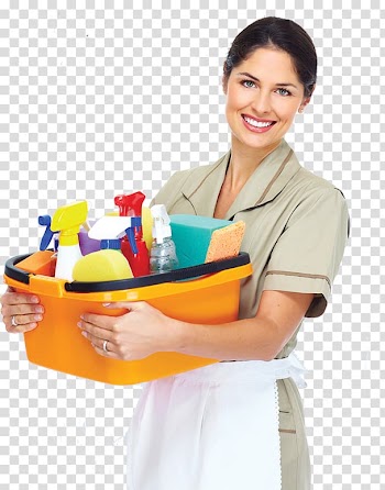 Woman holding basket of cleaning equipments, Cleaner Maid service Commercial cleaning Janitor, line woman transparent background PNG clipart