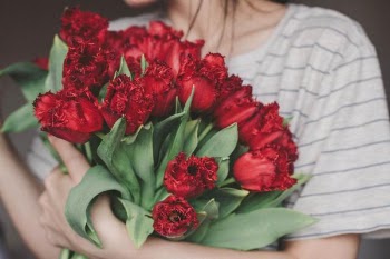 Woman Holding Bouquet of Red Flowers