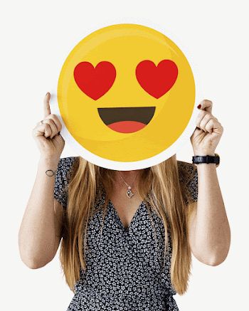 Woman holding cheerful emoticon, people | Free PSD - rawpixel