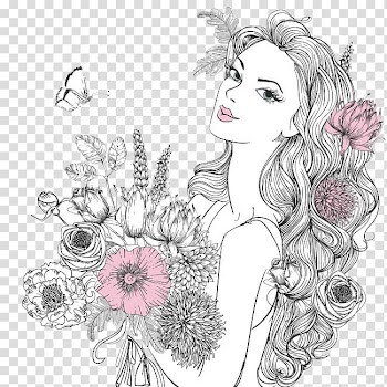 Woman holding flowers illustration, Woman Flower Portrait , Woman holding flowers transparent background PNG clipart